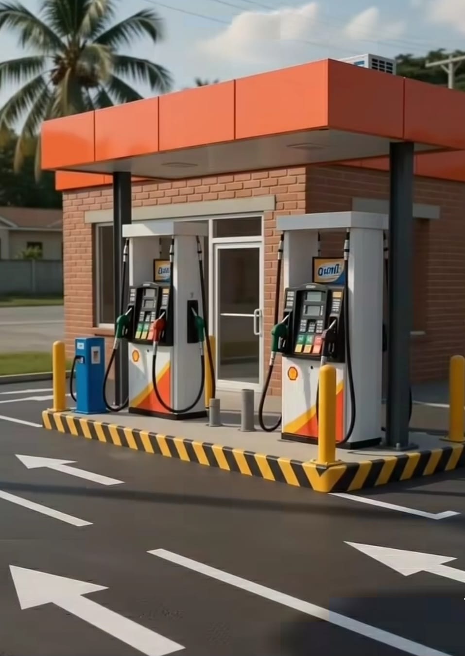 Fuel dispensers beneath an orange canopy with bollards and marked forecourt lanes