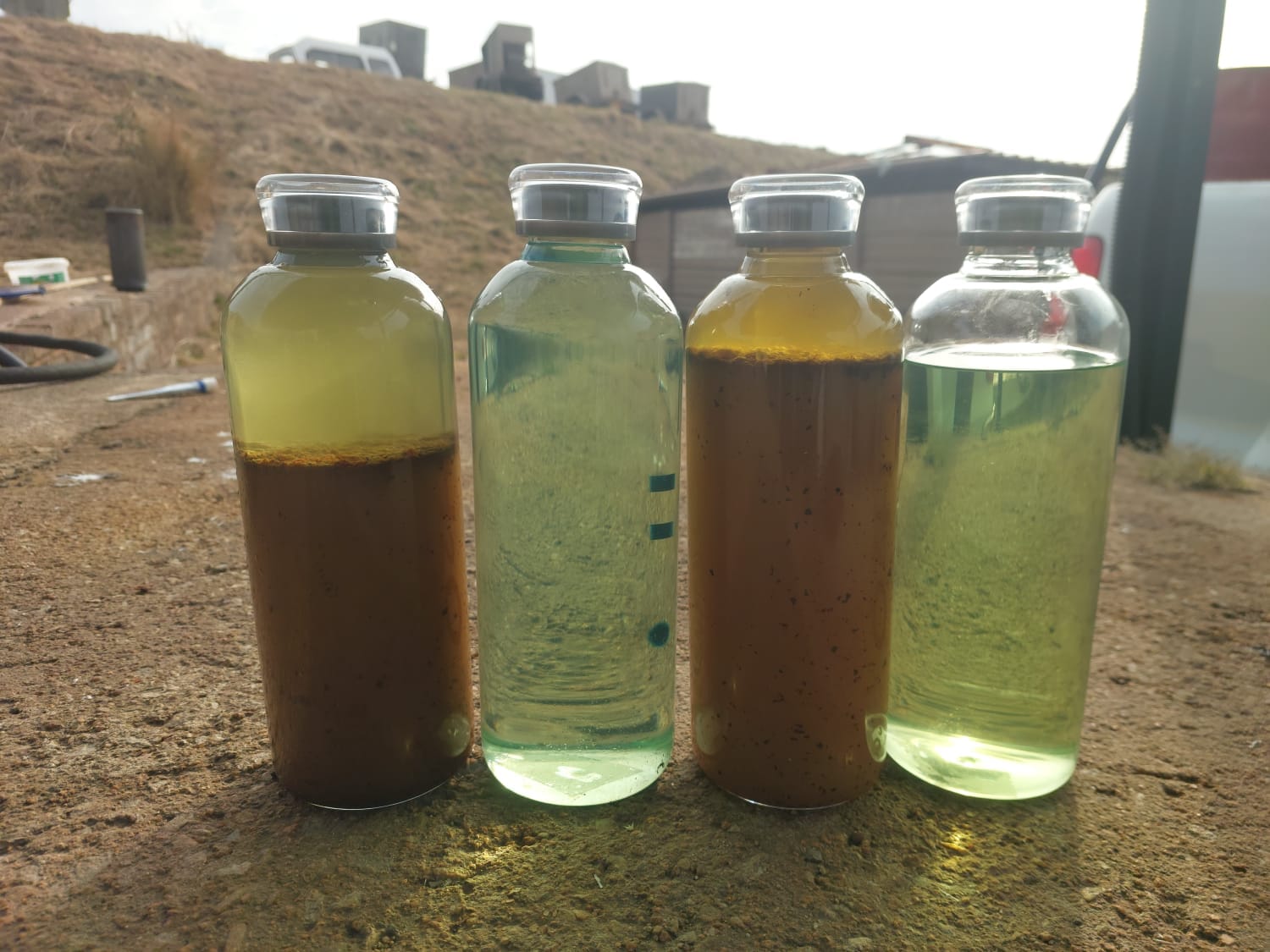 Four liquid sample bottles showing different levels of clarity and visible sediment